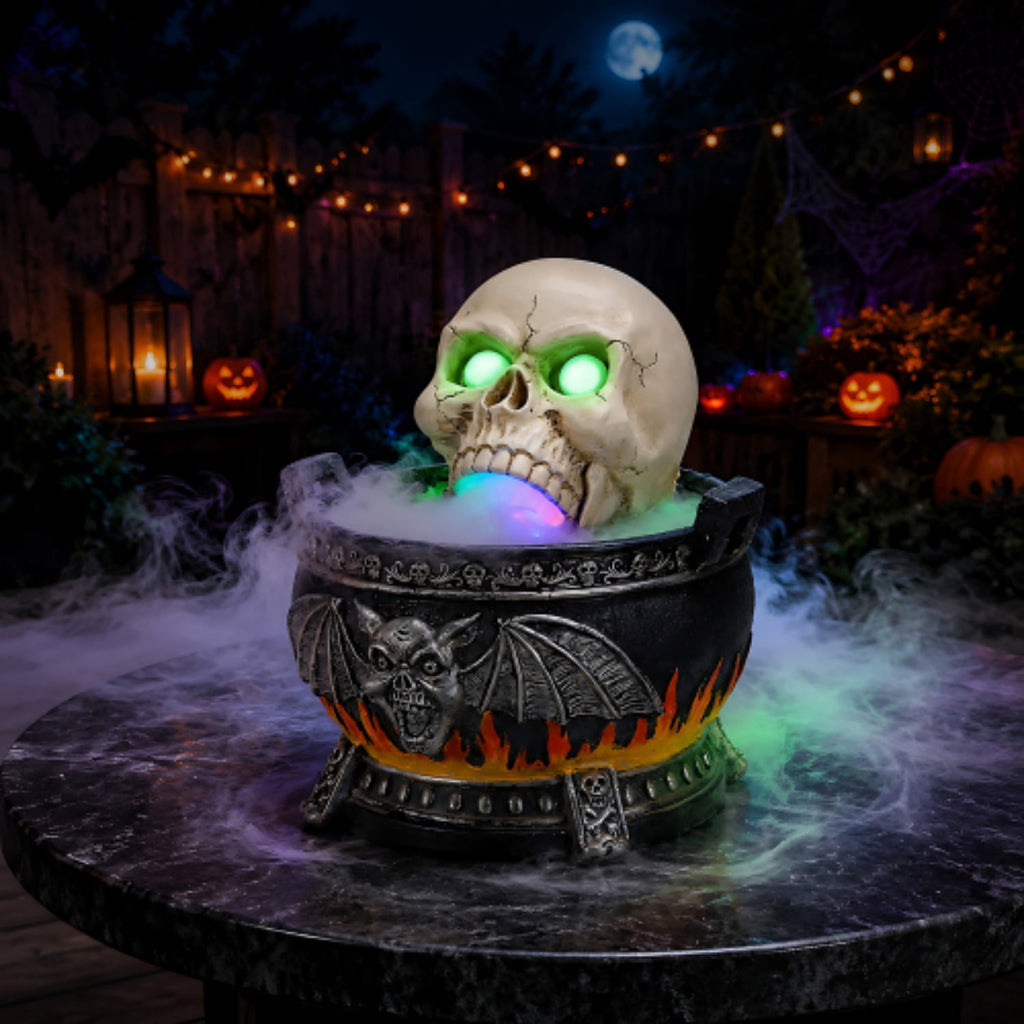 SpookHaven Halloween Jack‑O‑Lantern Pumpkin Mist Sprayer Figurine, LED Light‑Up Fogger with Witch Hat & Skull Decoration, Spooky Ornament for Tabletop Entryway Halloween Party Home Decor
